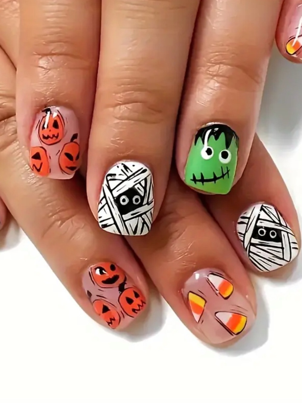 Halloween Press On Nail Set - Green, Orange, White, Black
